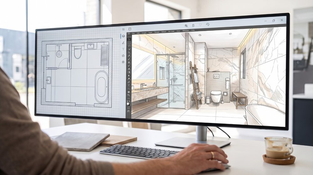 Plattegrond en 3D-schets van de badkamer op de computer