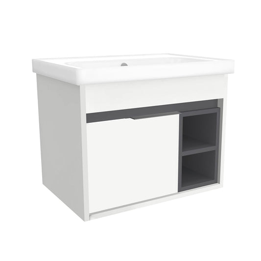 Aachen 65 cm Hoogglans Wit - Onderkast MDF Softclose Semi handgreep 1 deur met Keramische Wastafel 1 kraangat - Wastafelmeubel Met Frame Wastafels