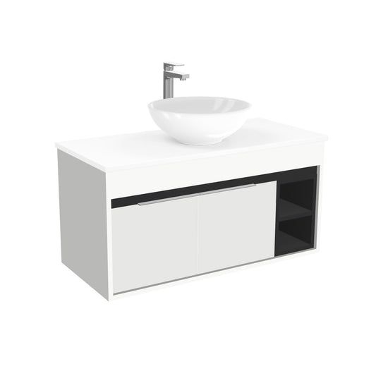 Aachen Badkamermeubel 100 cm Hoogglans Wit - Onderkast MDF - Softclose semi handgreep 1 deuren Inclusief keramische waskom met wastafelblad