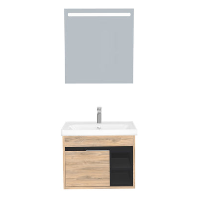 Aachen Badkamermeubel Set 65 cm Dorado Onderkast MDF Softclose Semi handgreep 1 deur met Keramische Wastafel 1 kraangat en Badkamerspiegel met Led-verlichting