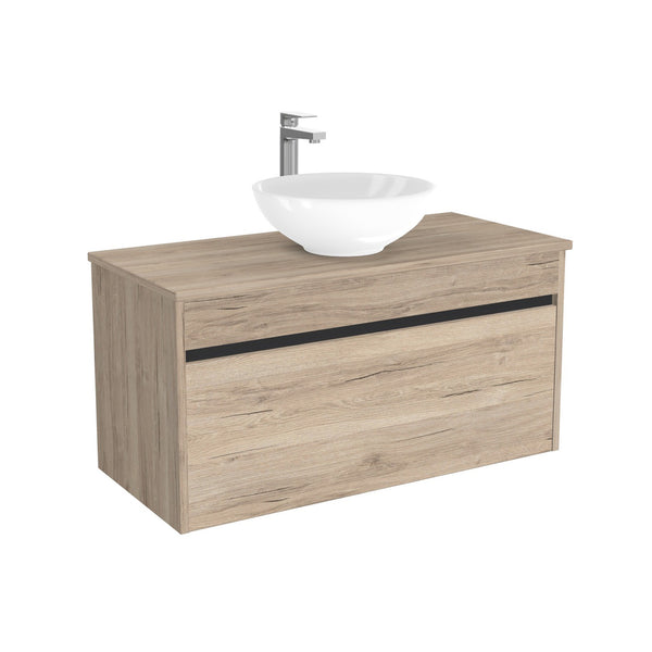 Amsterdam Badkamermeubel 100 cm Duitse Eik - Onderkast MDF - Softclose greeploos 2 lades Inclusief keramische waskom met wastafelblad