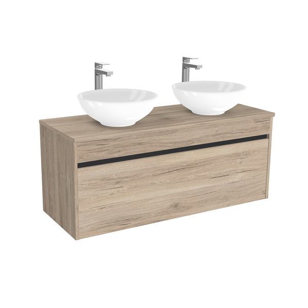 Amsterdam Badkamermeubel 120 cm Duitse Eik - Onderkast MDF - Softclose greeploos 2 lades Inclusief keramische waskom met wastafelblad