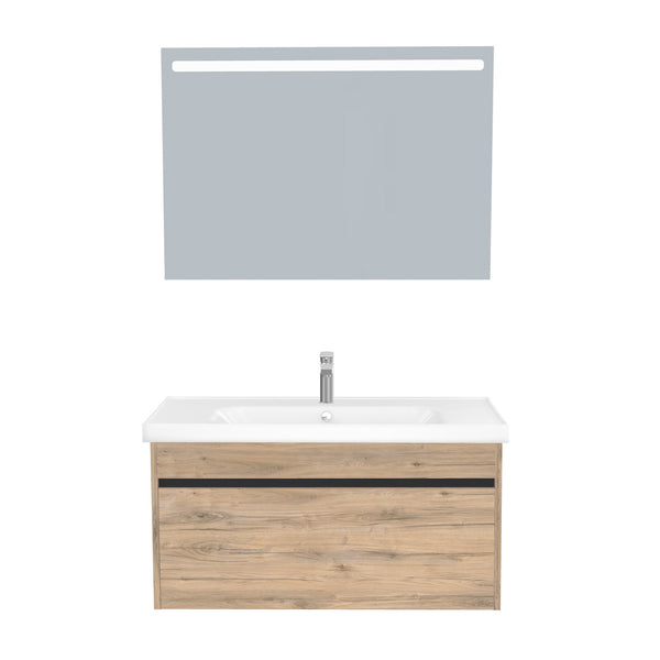 Amsterdam Badkamermeubel Set 100 cm Dorado - Onderkast MDF Softclose Greeploos 2 lades met Keramische Wastafel 1 kraangat en Badkamerspiegel met Led-verlichting