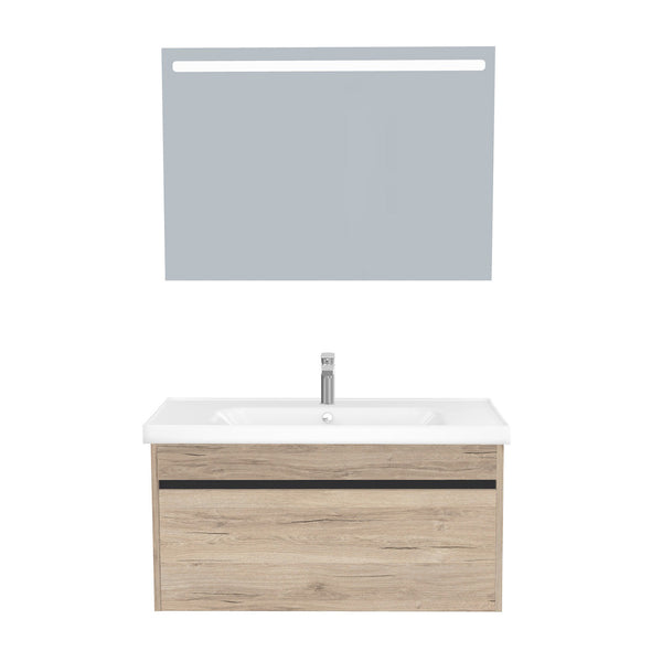 Amsterdam Badkamermeubel Set 100 cm Duitse Eik - Onderkast MDF Softclose Greeploos 2 lades met Keramische Wastafel 1 kraangat en Badkamerspiegel met Led-verlichting