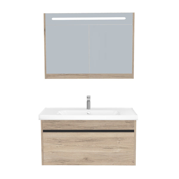 Amsterdam Badkamermeubel Set 100 cm Duitse Eik - Onderkast MDF Softclose Greeploos 2 lades met Keramische Wastafel 1 kraangat en Badkamerspiegelkast met Led-verlichting