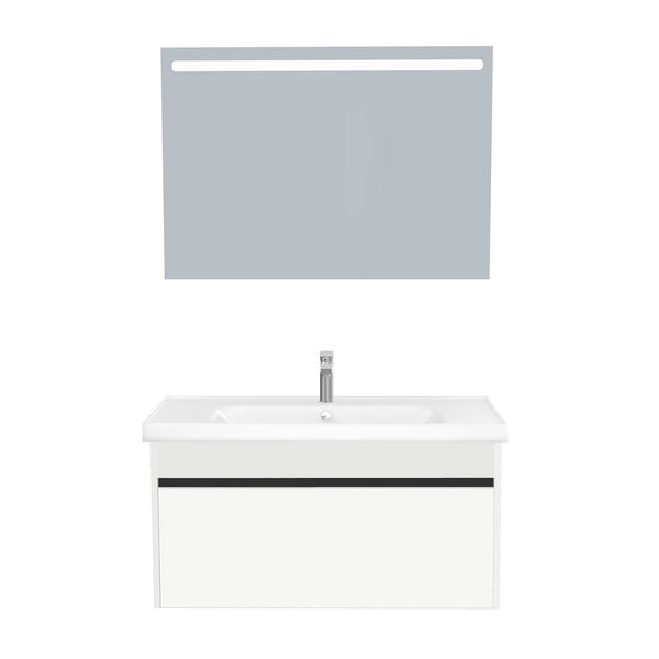 Amsterdam Badkamermeubel Set 100 cm Hoogglans Wit - Onderkast MDF Softclose Greeploos 2 lades met Keramische Wastafel 1 kraangat en Badkamerspiegel met Led-verlichting