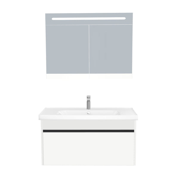 Amsterdam Badkamermeubel Set 100 cm Hoogglans Wit - Onderkast MDF Softclose Greeploos 2 lades met Keramische Wastafel 1 kraangat en Badkamerspiegelkast met Led-verlichting