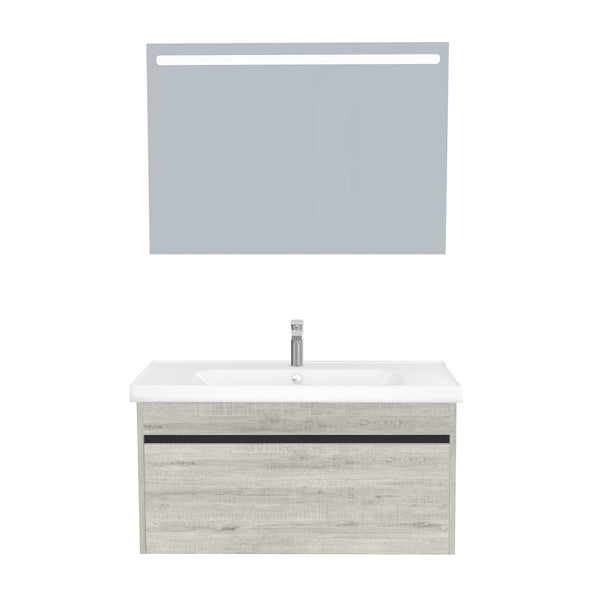 Amsterdam Badkamermeubel Set 100 cm Lissabon - Onderkast MDF Softclose Greeploos 2 lades met Keramische Wastafel 1 kraangat en Badkamerspiegel met Led-verlichting