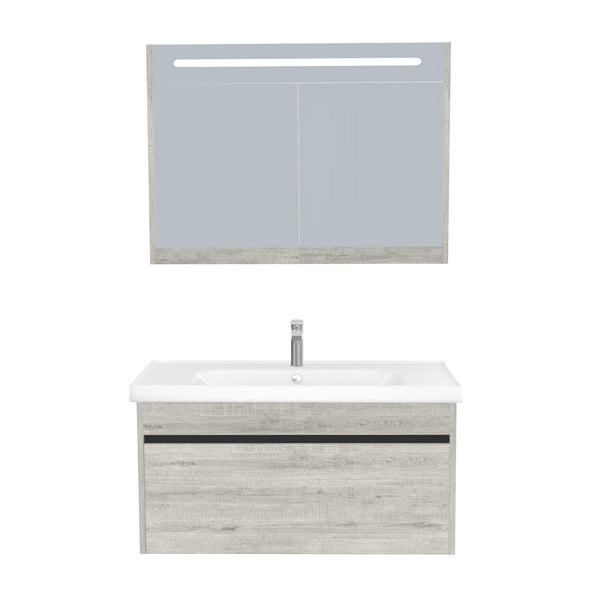 Amsterdam Badkamermeubel Set 100 cm Lissabon - Onderkast MDF Softclose Greeploos 2 lades met Keramische Wastafel 1 kraangat en Badkamerspiegelkast met Led-verlichting