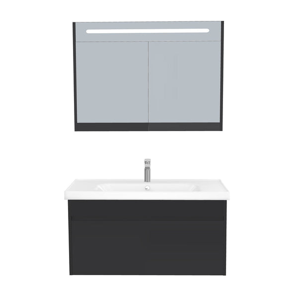 Amsterdam Badkamermeubel Set 100 cm Mat Zwart - Onderkast MDF Softclose Greeploos 2 lades met Keramische Wastafel 1 kraangat en Badkamerspiegelkast met Led-verlichting