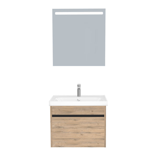 Amsterdam Badkamermeubel Set 65 cm Dorado - Onderkast MDF Softclose Greeploos 2 lades met Keramische Wastafel 1 kraangat en Badkamerspiegel met Led-verlichting