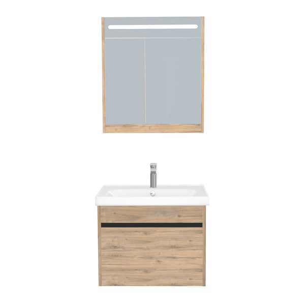 Amsterdam Badkamermeubel Set 65 cm Dorado - Onderkast MDF Softclose Greeploos 2 lades met Keramische Wastafel 1 kraangat en Badkamerspiegelkast met Led-verlichting