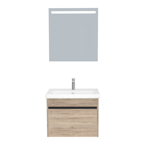 Amsterdam Badkamermeubel Set 65 cm Duitse Eik - Onderkast MDF Softclose Greeploos 2 lades met Keramische Wastafel 1 kraangat en Badkamerspiegel met Led-verlichting