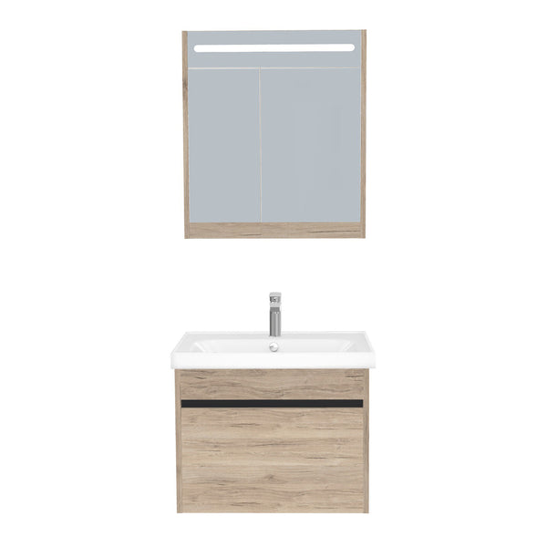 Amsterdam Badkamermeubel Set 65 cm Duitse Eik - Onderkast MDF Softclose Greeploos 2 lades met Keramische Wastafel 1 kraangat en Badkamerspiegelkast met Led-verlichting