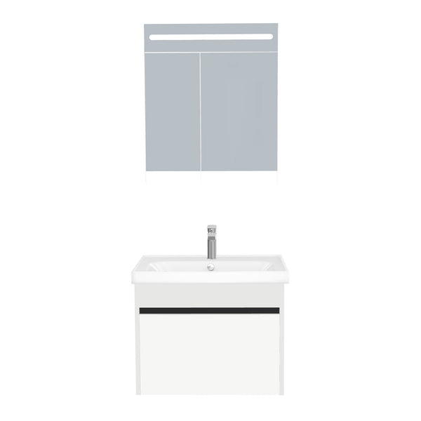 Amsterdam Badkamermeubel Set 65 cm Hoogglans Wit - Onderkast MDF Softclose Greeploos 2 lades met Keramische Wastafel 1 kraangat en Badkamerspiegelkast met Led-verlichting