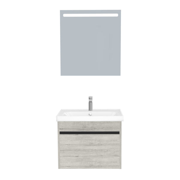 Amsterdam Badkamermeubel Set 65 cm Lissabon - Onderkast MDF Softclose Greeploos 2 lades met Keramische Wastafel 1 kraangat en Badkamerspiegel met Led-verlichting