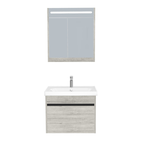 Amsterdam Badkamermeubel Set 65 cm Lissabon - Onderkast MDF Softclose Greeploos 2 lades met Keramische Wastafel 1 kraangat en Badkamerspiegelkast met Led-verlichting