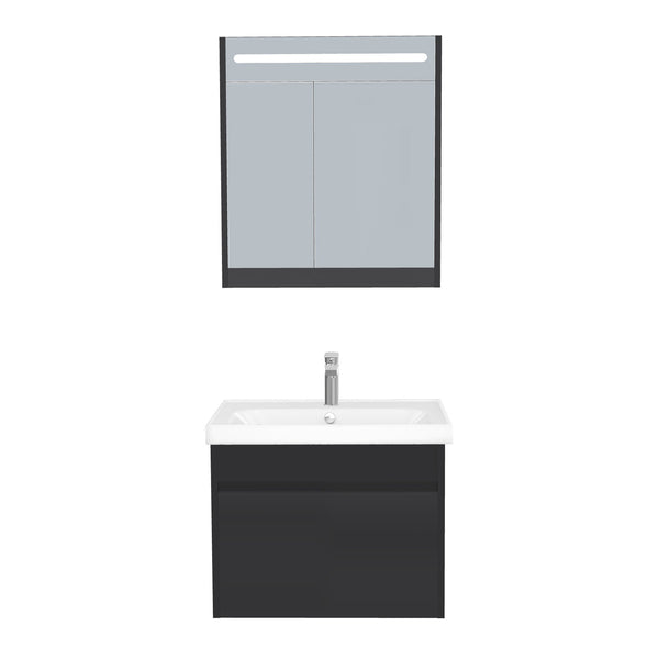 Amsterdam Badkamermeubel Set 65 cm Mat Zwart - Onderkast MDF Softclose Greeploos 2 lades met Keramische Wastafel 1 kraangat en Badkamerspiegelkast met Led-verlichting