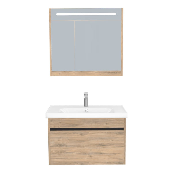 Amsterdam Badkamermeubel Set 80 cm Dorado - Onderkast MDF Softclose Greeploos 2 lades met Keramische Wastafel 1 kraangat en Badkamerspiegelkast met Led-verlichting