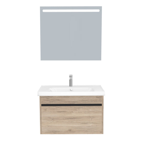 Amsterdam Badkamermeubel Set 80 cm Duitse Eik - Onderkast MDF Softclose Greeploos 2 lades met Keramische Wastafel 1 kraangat en Badkamerspiegel met Led-verlichting