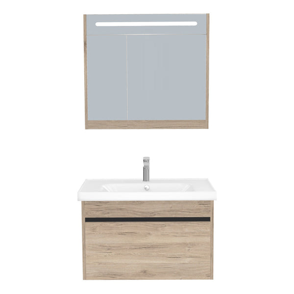 Amsterdam Badkamermeubel Set 80 cm Duitse Eik - Onderkast MDF Softclose Greeploos 2 lades met Keramische Wastafel 1 kraangat en Badkamerspiegelkast met Led-verlichting