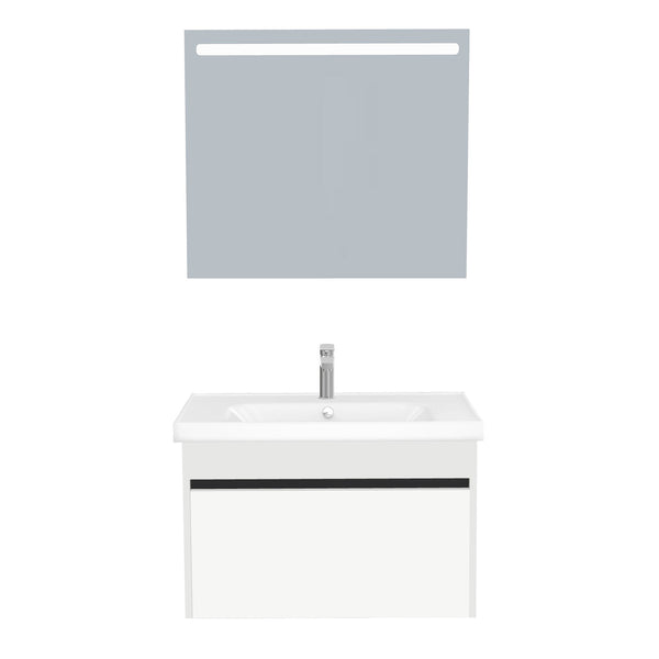 Amsterdam Badkamermeubel Set 80 cm Hoogglans Wit - Onderkast MDF Softclose Greeploos 2 lades met Keramische Wastafel 1 kraangat en Badkamerspiegel met Led-verlichting