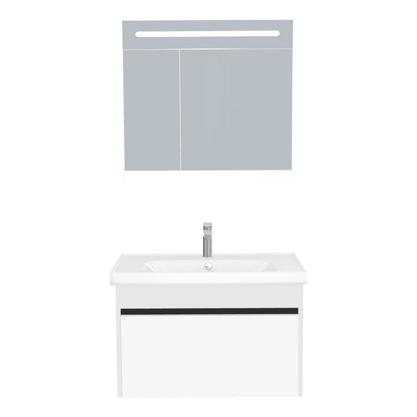 Amsterdam Badkamermeubel Set 80 cm Hoogglans Wit - Onderkast MDF Softclose Greeploos 2 lades met Keramische Wastafel 1 kraangat en Badkamerspiegelkast met Led-verlichting