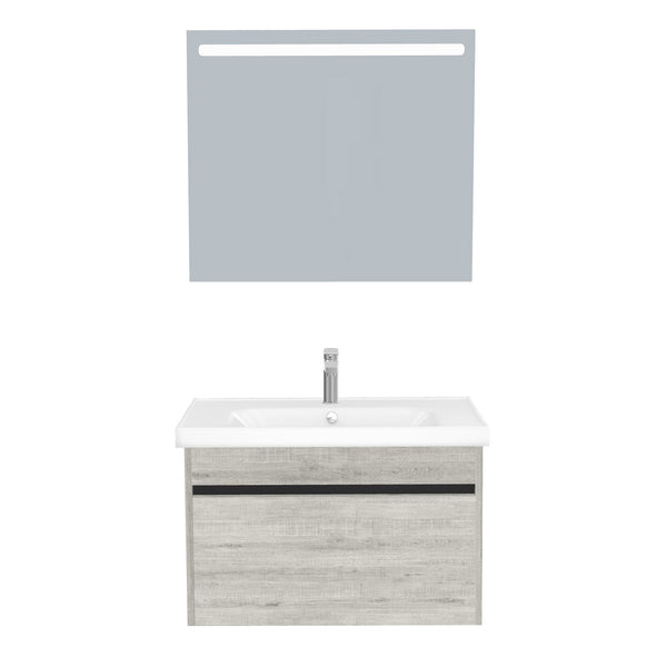 Amsterdam Badkamermeubel Set 80 cm Lissabon - Onderkast MDF Softclose Greeploos 2 lades met Keramische Wastafel 1 kraangat en Badkamerspiegel met Led-verlichting