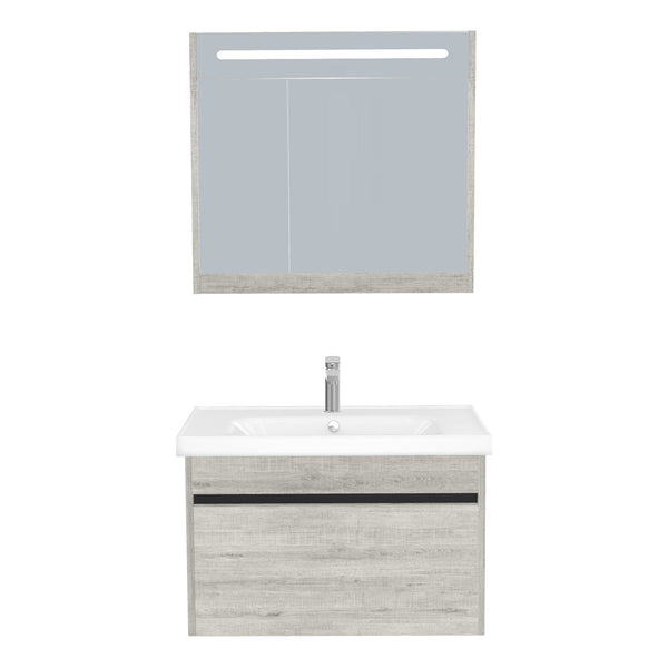 Amsterdam Badkamermeubel Set 80 cm Lissabon - Onderkast MDF Softclose Greeploos 2 lades met Keramische Wastafel 1 kraangat en Badkamerspiegelkast met Led-verlichting