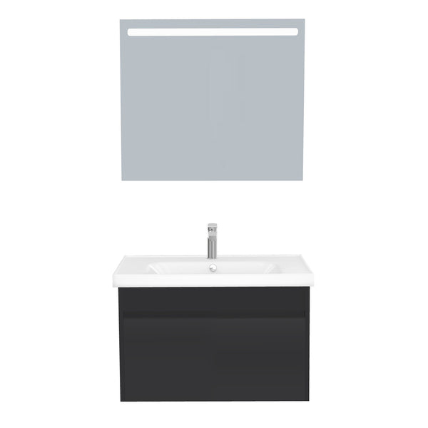 Amsterdam Badkamermeubel Set 80 cm Mat Zwart - Onderkast MDF Softclose Greeploos 2 lades met Keramische Wastafel 1 kraangat en Badkamerspiegel met Led-verlichting