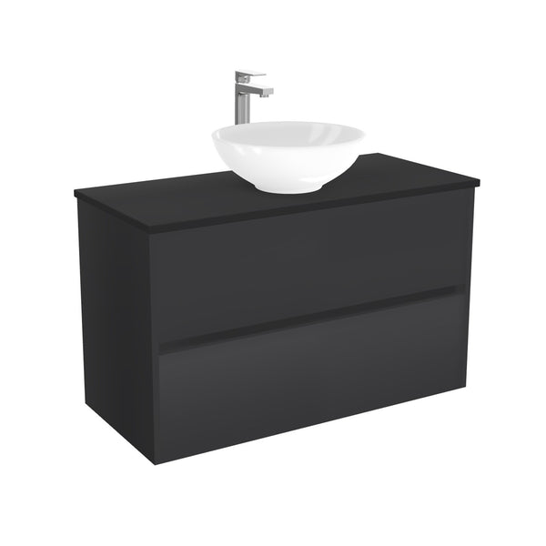 Berlin Badkamermeubel 100 cm Mat Zwart - Onderkast MDF - Softclose greeploos 2 lades Inclusief keramische waskom met wastafelblad