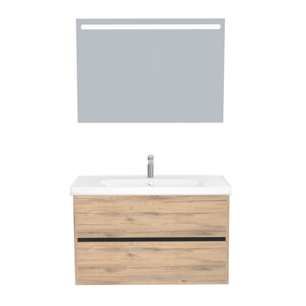 Berlin Badkamermeubel Set 100 cm Dorado - Onderkast MDF Softclose Greeploos 2 lades met Keramische Wastafel 1 kraangat en Badkamerspiegel met Led-verlichting