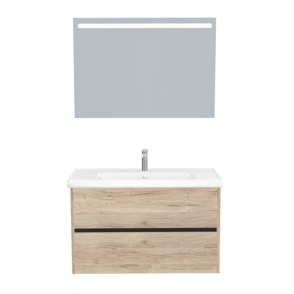 Berlin Badkamermeubel Set 100 cm Duitse Eik - Onderkast MDF Softclose Greeploos 2 lades met Keramische Wastafel 1 kraangat en Badkamerspiegel met Led-verlichting
