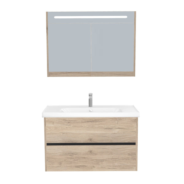 Berlin Badkamermeubel Set 100 cm Duitse Eik - Onderkast MDF Softclose Greeploos 2 lades met Keramische Wastafel 1 kraangat en Badkamerspiegelkast met Led-verlichting