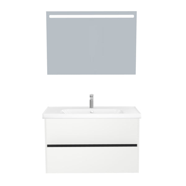 Berlin Badkamermeubel Set 100 cm Hoogglans Wit - Onderkast MDF Softclose Greeploos 2 lades met Keramische Wastafel 1 kraangat en Badkamerspiegel met Led-verlichting