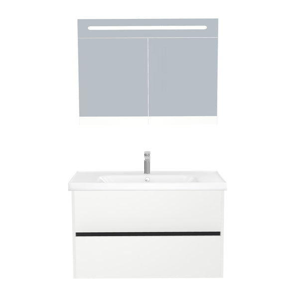 Berlin Badkamermeubel Set 100 cm Hoogglans Wit - Onderkast MDF Softclose Greeploos 2 lades met Keramische Wastafel 1 kraangat en Badkamerspiegelkast met Led-verlichting