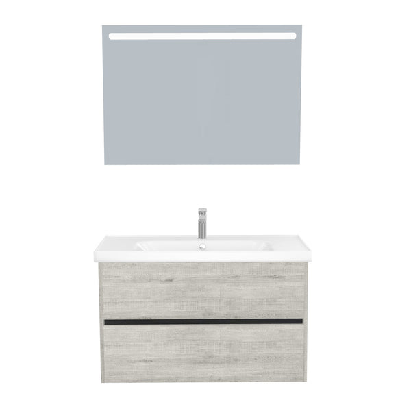 Berlin Badkamermeubel Set 100 cm Lissabon - Onderkast MDF Softclose Greeploos 2 lades met Keramische Wastafel 1 kraangat en Badkamerspiegel met Led-verlichting