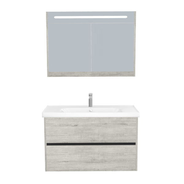 Berlin Badkamermeubel Set 100 cm Lissabon - Onderkast MDF Softclose Greeploos 2 lades met Keramische Wastafel 1 kraangat en Badkamerspiegelkast met Led-verlichting