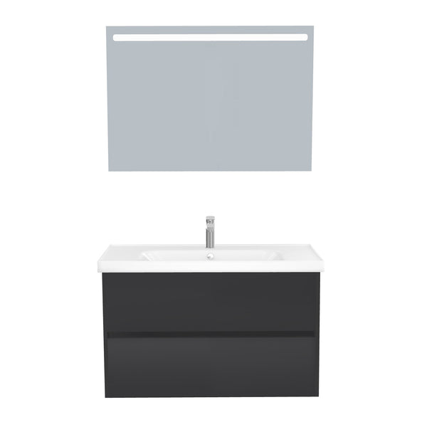 Berlin Badkamermeubel Set 100 cm Mat Zwart - Onderkast MDF Softclose Greeploos 2 lades met Keramische Wastafel 1 kraangat en Badkamerspiegel met Led-verlichting