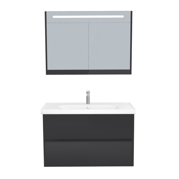 Berlin Badkamermeubel Set 100 cm Mat Zwart - Onderkast MDF Softclose Greeploos 2 lades met Keramische Wastafel 1 kraangat en Badkamerspiegelkast met Led-verlichting