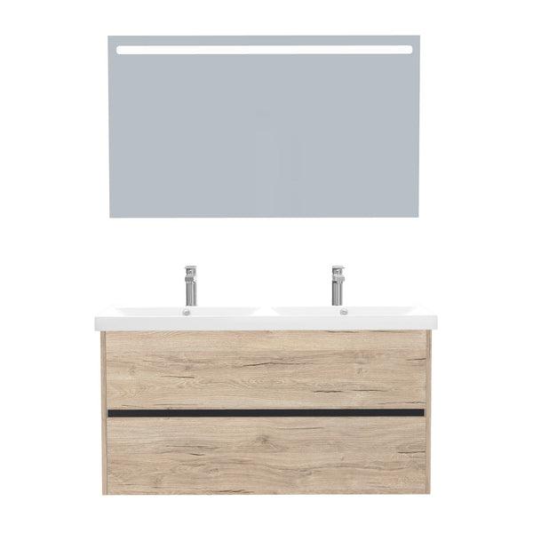 Berlin Badkamermeubel Set 120 cm Duitse Eik - Onderkast MDF Softclose Greeploos 2 lades met Keramische Wastafel 2 kraangat en Badkamerspiegel met Led-verlichting