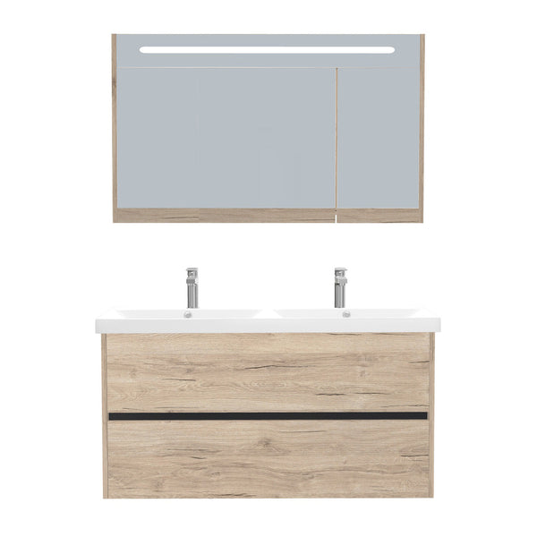 Berlin Badkamermeubel Set 120 cm Duitse Eik - Onderkast MDF Softclose Greeploos 2 lades met Keramische Wastafel 2 kraangat en Badkamerspiegelkast met Led-verlichting