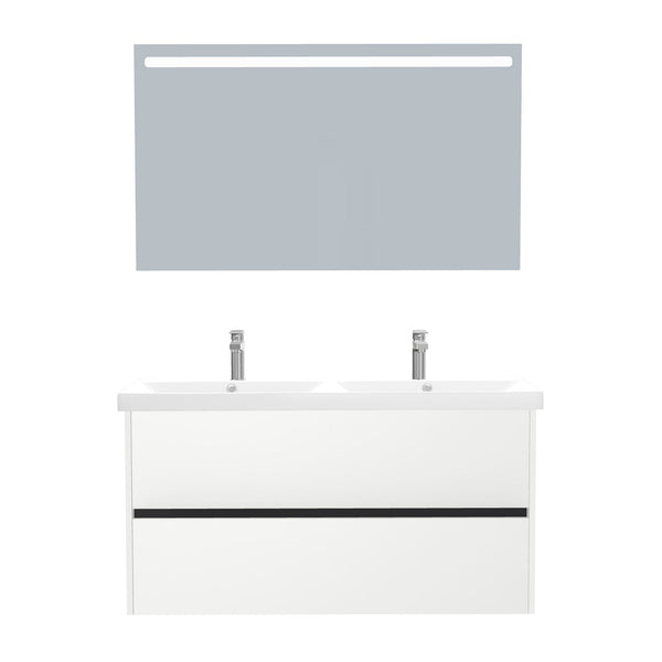Berlin Badkamermeubel Set 120 cm Hoogglans Wit - Onderkast MDF Softclose Greeploos 2 lades met Keramische Wastafel 2 kraangat en Badkamerspiegel met Led-verlichting