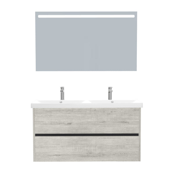 Berlin Badkamermeubel Set 120 cm Lissabon - Onderkast MDF Softclose Greeploos 2 lades met Keramische Wastafel 2 kraangat en Badkamerspiegel met Led-verlichting
