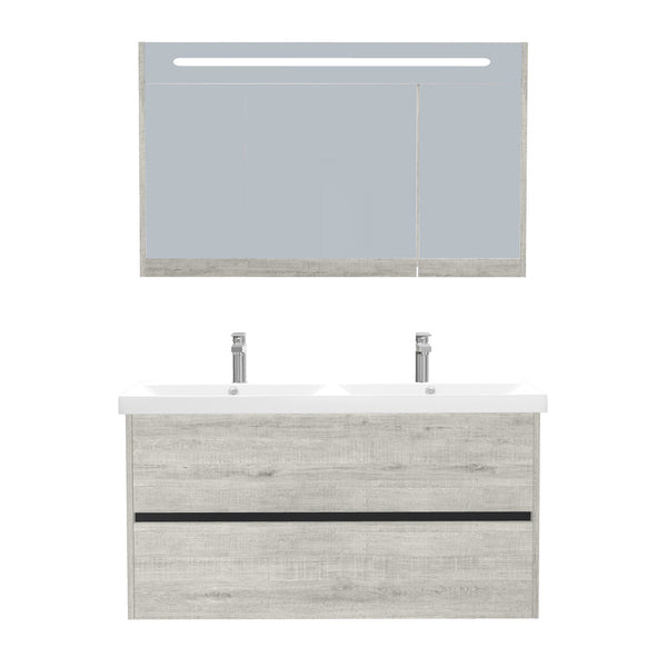 Berlin Badkamermeubel Set 120 cm Lissabon - Onderkast MDF Softclose Greeploos 2 lades met Keramische Wastafel 2 kraangat en Badkamerspiegelkast met Led-verlichting