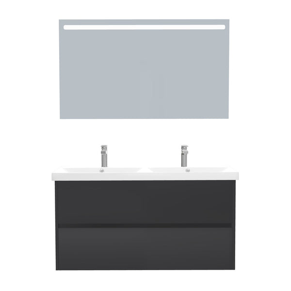 Berlin Badkamermeubel Set 120 cm Mat Zwart - Onderkast MDF Softclose Greeploos 2 lades met Keramische Wastafel 2 kraangat en Badkamerspiegel met Led-verlichting