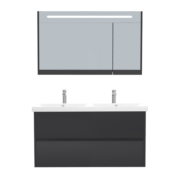 Berlin Badkamermeubel Set 120 cm Mat Zwart - Onderkast MDF Softclose Greeploos 2 lades met Keramische Wastafel 2 kraangat en Badkamerspiegelkast met Led-verlichting