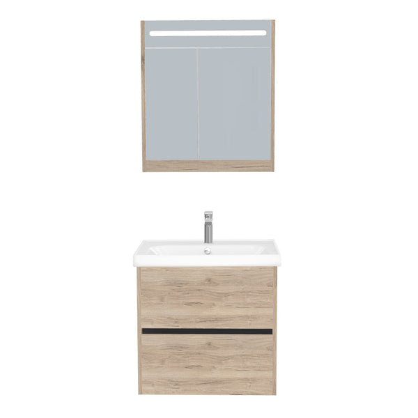 Berlin Badkamermeubel Set 65 cm Duitse Eik - Onderkast MDF Softclose Greeploos 2 lades met Keramische Wastafel 1 kraangat en Badkamerspiegelkast met Led-verlichting