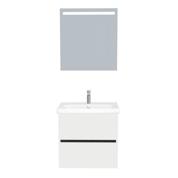 Berlin Badkamermeubel Set 65 cm Hoogglans Wit - Onderkast MDF Softclose Greeploos 2 lades met Keramische Wastafel 1 kraangat en Badkamerspiegel met Led-verlichting