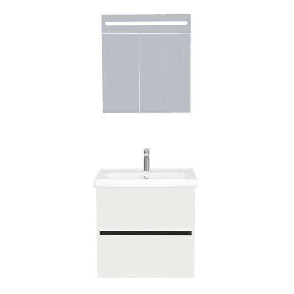 Berlin Badkamermeubel Set 65 cm Hoogglans Wit - Onderkast MDF Softclose Greeploos 2 lades met Keramische Wastafel 1 kraangat en Badkamerspiegelkast met Led-verlichting
